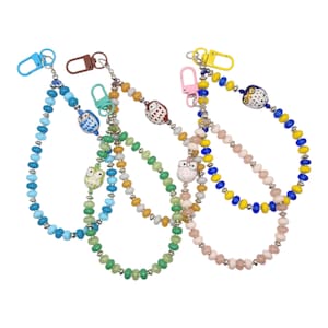 May include: Four beaded wristlet keychains with owl charms. Each keychain features a different color scheme: blue, green, tan, and pink. The keychains have a lobster claw clasp for easy attachment to keys or bags.