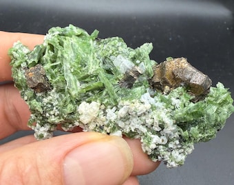 May include: A close-up of a mineral specimen featuring a cluster of vibrant green crystals, accented by small, dark brown metallic formations. The mineral has a rough, textured surface with patches of white. The background is dark.