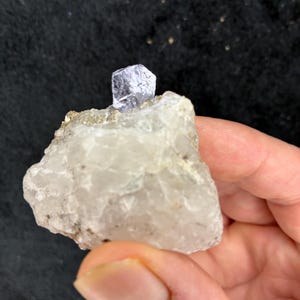 May include: A small, light-colored rock formation with a cubic, silvery-blue crystal on top. The crystal has a geometric shape and sits atop a rough, textured base. The rock is held in a hand against a dark background.