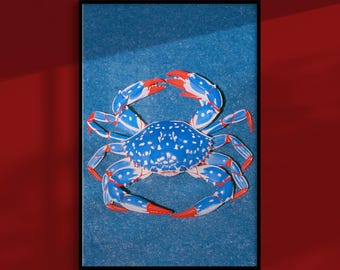 Poster mit blauer Krabbe: Vintage-Druck mit Meeresmotiven, maritime Strandhausdekoration