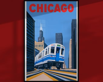 Chicago-Poster: Hochbahn schlängelt sich zwischen dunklen Türmen hindurch, Vintage-Reise-Wandkunst