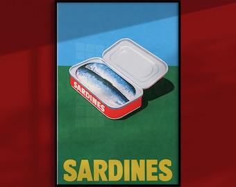 Sardinenbüchsen-Poster: Offene Dose auf einem dunklen Tisch, Vintage-Küchenwandbild