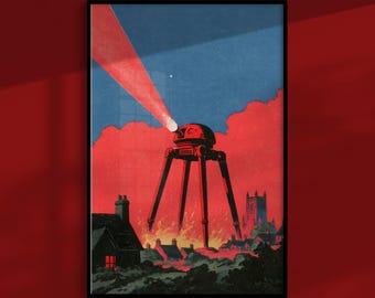 „Krieg der Welten“-Poster: Riesige Dreibeiner schreiten über eine Stadt, Retro-Science-Fiction-Wandkunst