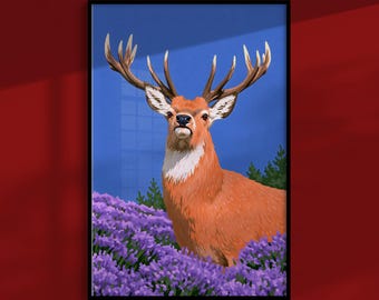 Poster aus den schottischen Highlands: Rothirsch auf dunklem Moor, Vintage-Wandkunst aus Schottland