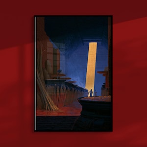Puede incluir: Una ilustración digital que representa un interior oscuro y cavernoso con filas de grandes vasijas texturizadas. Un brillante haz de luz dorada vertical ilumina el centro, proyectando sombras azul profundo y destacando dos pequeñas figuras.