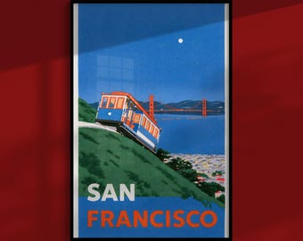 San Francisco Poster: Cable Car überquert einen steilen Hügel, Vintage Reise-Wandkunst