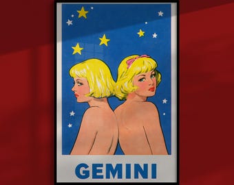 Sternzeichen-Poster Zwillinge: Retro-Zwillinge zwischen den Sternbildern, Astrologie-Sternzeichen-Dekoration