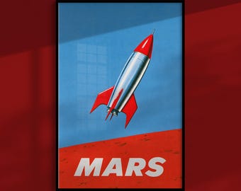 Retro-Zukunftsposter: Verchromte Rakete landet auf einem Planeten, Vintage-Science-Fiction-Wandkunst