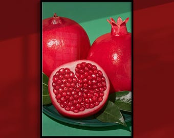 Granatapfel-Poster: Aufgeschnittene Frucht voller rubinroter Kerne, Vintage-Küchenwandbild