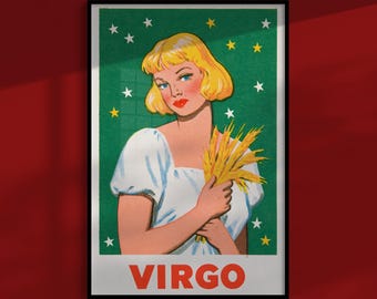 Sternzeichen Jungfrau: Poster mit Retro-Mädchen in Weizenähre, Astrologie-Dekoration