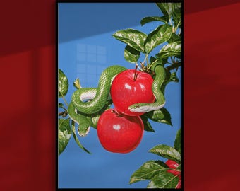 Schlangenposter: Schlange windet sich um einen dunklen Apfelzweig, Vintage-Wandkunst im gotischen Stil