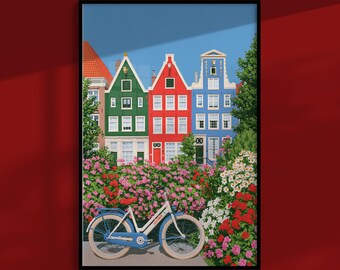 Amsterdam-Poster: Schmale Grachtenhäuser bei Nacht, Vintage-Reise-Wandbild