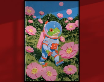 Weltraumfrosch-Poster: Entdecker mit Blasenhelm auf einem fremden Planeten, Retro-Science-Fiction-Wandkunst