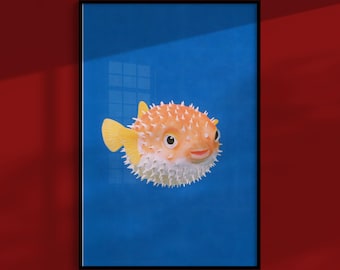 Kugelfisch-Poster: Stacheliger, aufgeblähter Fisch im dunklen Wasser, Vintage-Wandbild mit Meeresmotiven