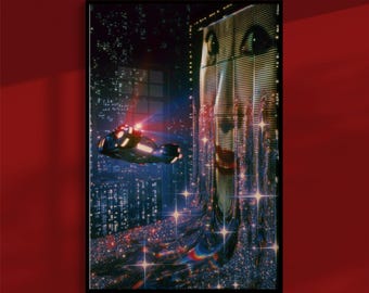 Blade Runner 1982 Poster: Neon-Werbetafel über einer glitzernden Nachtstadt, Retro-Science-Fiction-Wandkunst