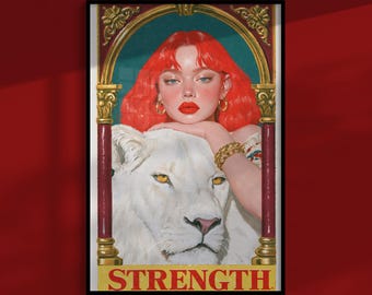 Stärke-Tarot-Poster: Frau zähmt einen weißen Löwen, mystisches Hexen-Wandbild