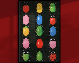 Poster zur Käfersammlung: Schimmernde Exemplare in einem Raster, Vintage-Wandbild für Entomologie