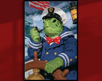 Poster „Meeresschildkrötenkapitän“: Alter Seebär am Steuerrad, nautische Wandkunst