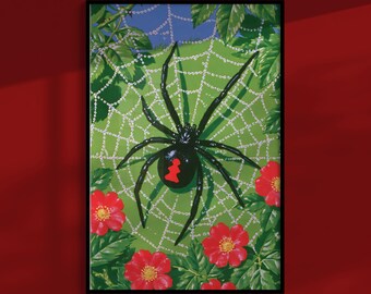 Poster „Schwarze Witwe“: Spinne im taufrischen Netz bei Nacht, gotisches Halloween-Wandbild