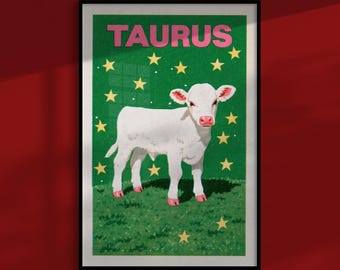 Stier-Poster: Retro-Stier zwischen den Sternbildern, Astrologie-Sternzeichen-Dekoration