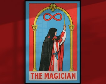Das Magier-Tarot-Poster: Gewandete Figur mit erhobenem Zauberstab, mystisches Hexen-Wandbild