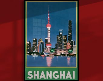 Shanghai Art-Deco-Poster: Skyline am Flussufer bei Nacht, Vintage-Reise-Wanddekoration