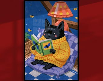 Gemütliches Fledermaus-Poster: Bücherwurm im Cardigan liest kopfüber, lustige Wanddeko für Bücherliebhaber