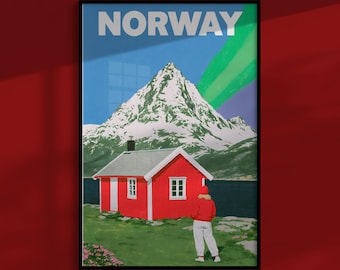 Norwegen-Poster: Rote Hütte am Rande eines dunklen Fjords, Vintage-Reise-Wandbild