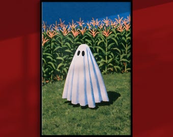 Geisterposter: Gruselige Gestalt in einem dunklen Maisfeld, Vintage-Halloween-Wandkunst