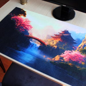 Japanese Sakura Deskmat | 85x48cm XL Mousepad | Ancient Temple Design | Cherry Blossom Desk Mat | Asian Landscape