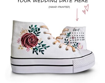 Individuelle, handbemalte Hochzeits-Sneaker: Blumen-Brautstrauß, personalisiertes Datum