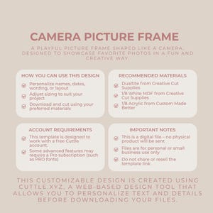 以下が含まれることがあります： カメラ型フォトフレームデザインのデジタルテンプレート。テキストには、CAMERA PICTURE FRAME、HOW YOU CAN USE THIS DESIGN、RECOMMENDED MATERIALS、ACCOUNT REQUIREMENTS、IMPORTANT NOTES、およびCuttle.xyzツールの使用に関する詳細が含まれています。