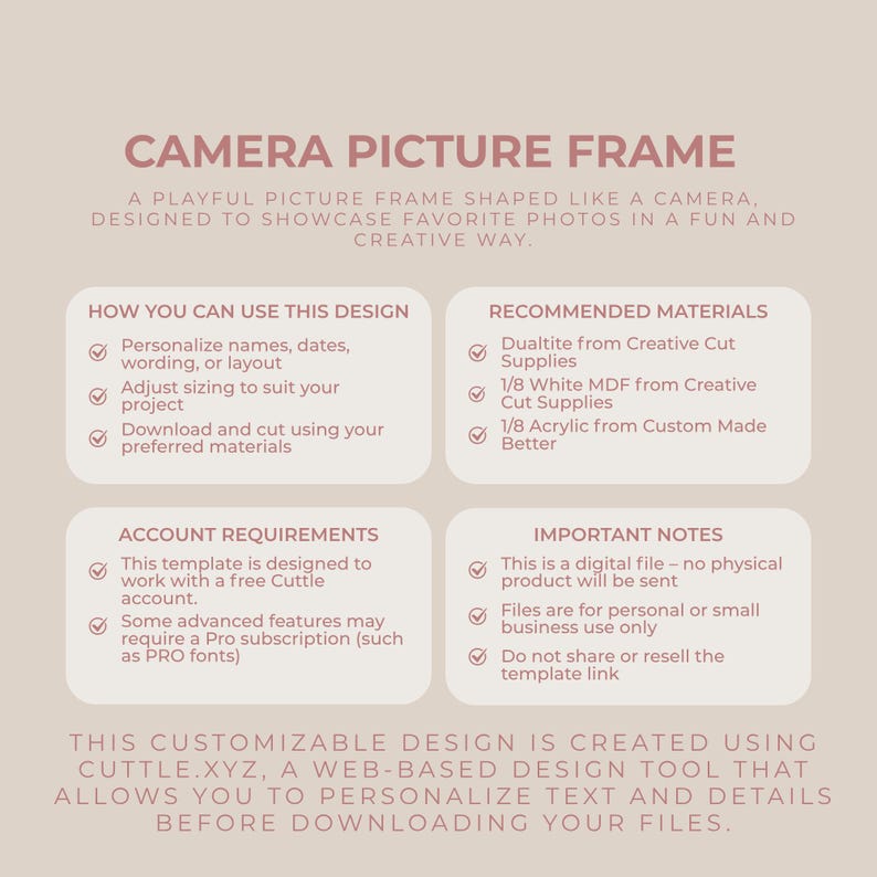 以下が含まれることがあります： カメラ型フォトフレームデザインのデジタルテンプレート。テキストには、CAMERA PICTURE FRAME、HOW YOU CAN USE THIS DESIGN、RECOMMENDED MATERIALS、ACCOUNT REQUIREMENTS、IMPORTANT NOTES、およびCuttle.xyzツールの使用に関する詳細が含まれています。