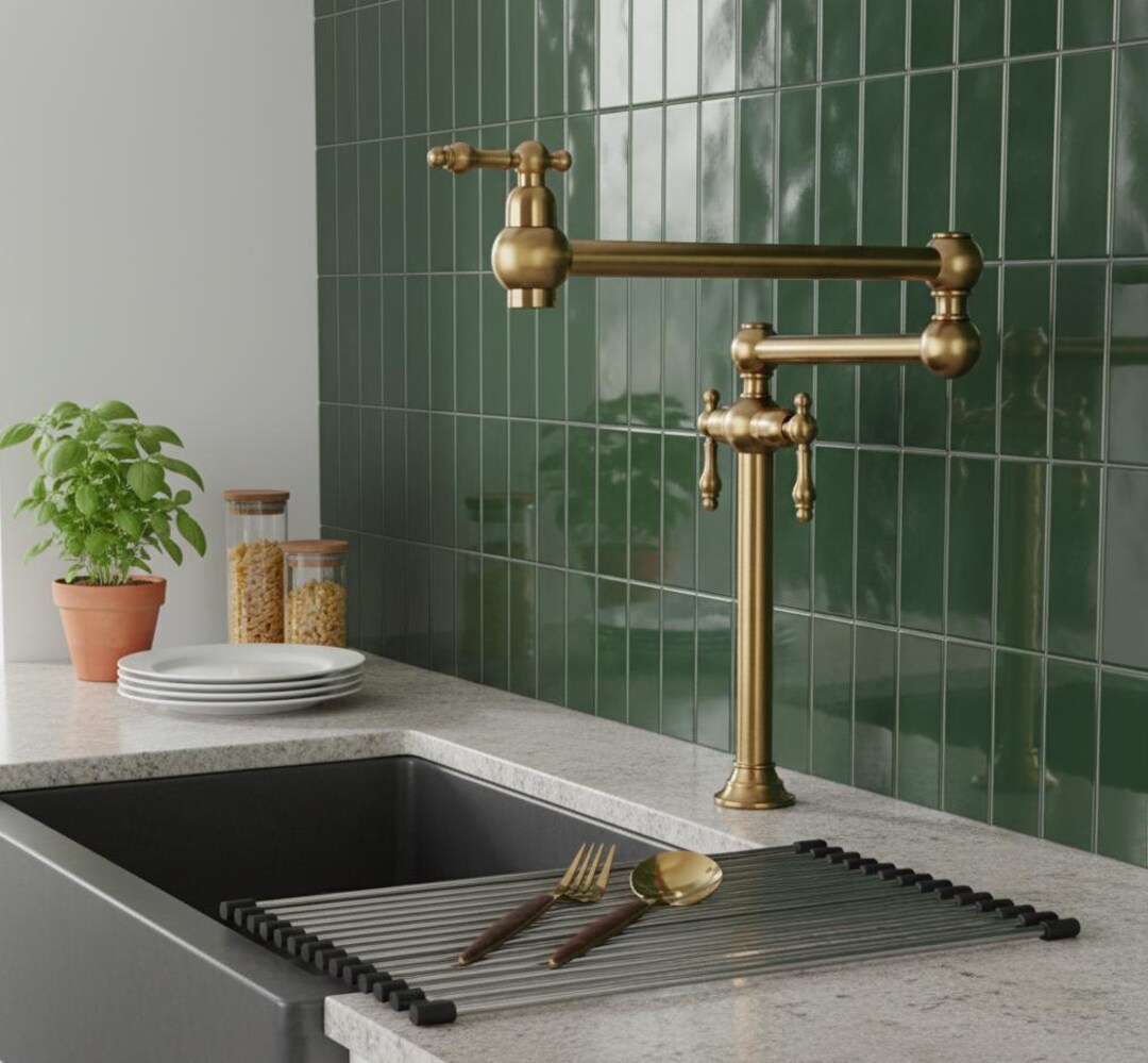 Vintage Copper Bridge Kitchen Faucet, Dual Handle Swing Arm Farmhouse ...