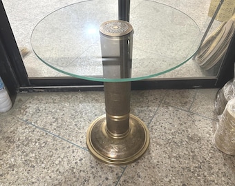Handcrafted Brass and Glass Side Table Round Antique Accent Table, Vintage Boho End Table with Engraved Pedestal Base ,handemade brass table