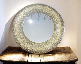 Handcrafted Moroccan Brass Wall Mirror Elegant Round Mirror with Intricate Engraving, Bohemian Decor Accent,brass engraved round frame miror