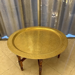 Handcrafted Moroccan Brass Tray Table: Foldable Wooden Stand