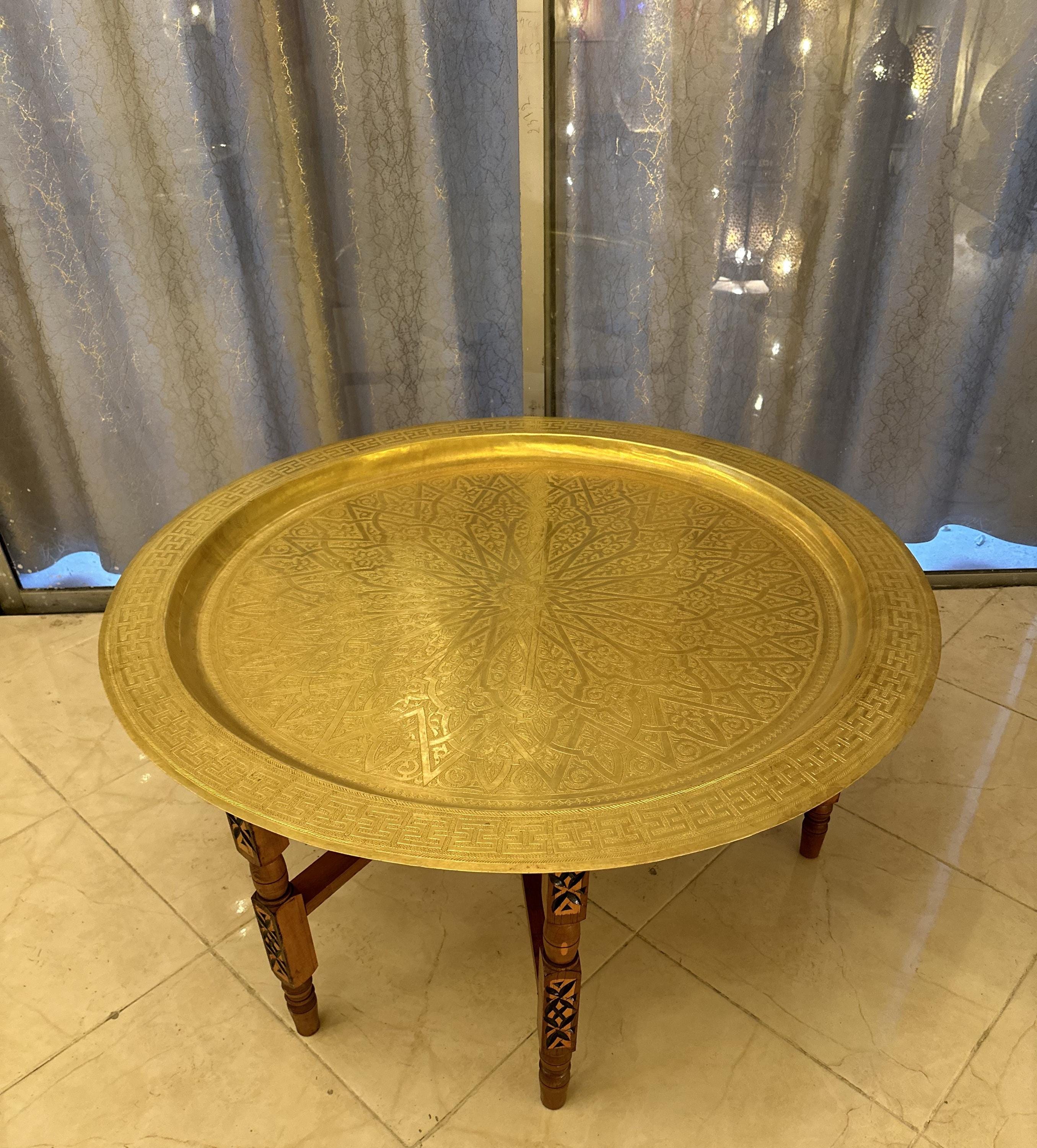 Handcrafted Moroccan Brass Tray Table Foldable Wooden Stand with Intricate Brass Top Chic Coffee Table for Living Room Decor.handmade table