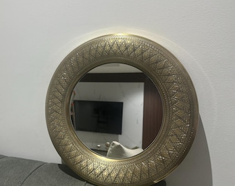 Handcrafted Moroccan Brass Mirror, Round Wall Decor with Intricate Filigree Design for Bohemian or Modern Interiors