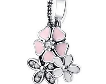Charm de trébol de cuatro hojas con margarita en plata de ley 925 compatible con Pandora
