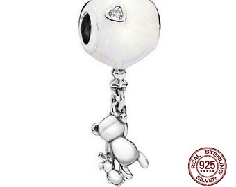 Dije colgante de osito de peluche compatible con Pandora con cuenta blanca en plata de ley 925 y corazón de circonita cúbica.