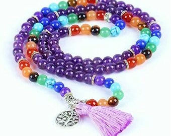 Collar suéter con mala curativo de chakras y cuentas semipreciosas con borla morada