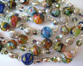 Italian Millifiore, Swarovski Crystal, and Sterling Silver Beaded Vintage Style Double Strand Necklace