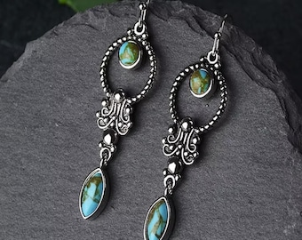 Pendientes vintage largos de plata de ley con turquesa incrustada