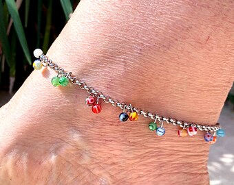 Anklet Stainless Steel Millefiori Glass Beaded Adjustable No Tarnish