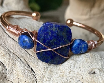 Lapis Lazuli Natural Gemstone Wire Wrapped Open Cuff Bracelet in Rose Gold