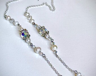 Cadena para gafas con perlas de agua dulce y cuentas de cristal austriaco AB, cadena resistente al deslustre.