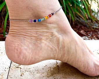 Tobillera de acero inoxidable con piedras preciosas y chakras, ajustable, sin deslustre