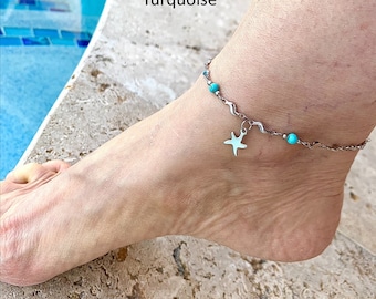 Anklet Stainless Steel Starfish Gemstone Beaded Adjustable No Tarnish