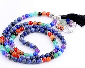 Collar Mala para la sanación de chakras: cuentas de sodalita, colgante del Árbol de la Vida